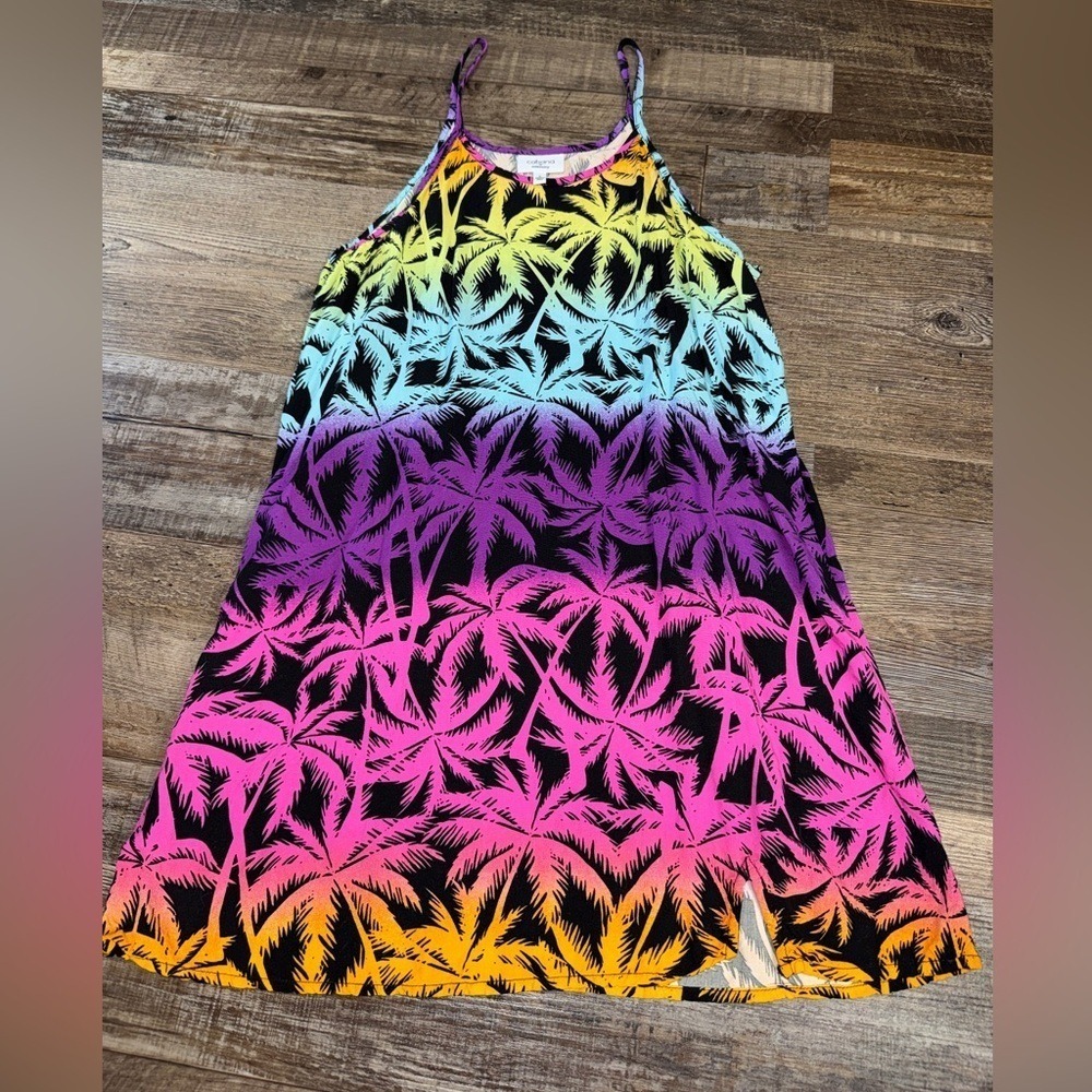 Cabana by Crown & Ivy Girls Large Neon Ombre Palm Tree Print Rayon Shift Dress
